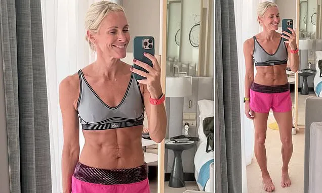 Jenni Falconer, 49, flaunts her washboard abs in a grey sports bra