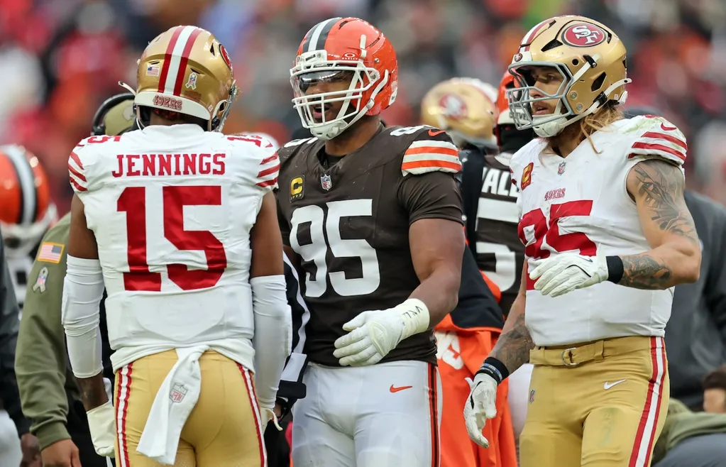 Browns' Shelby Harris, Myles Garrett criticize 49ers WR Jauan Jennings for trash talk during Collins injury