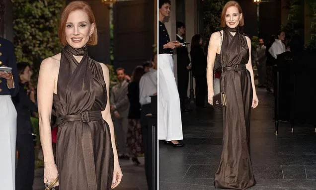 Jessica Chastain stuns in a brown satin gown during Milan Design Week