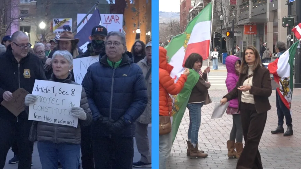 Local reactions include a protest and a celebration for the air strikes in Iran