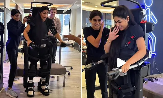Moment woman, 27, takes her first steps in a DECADE