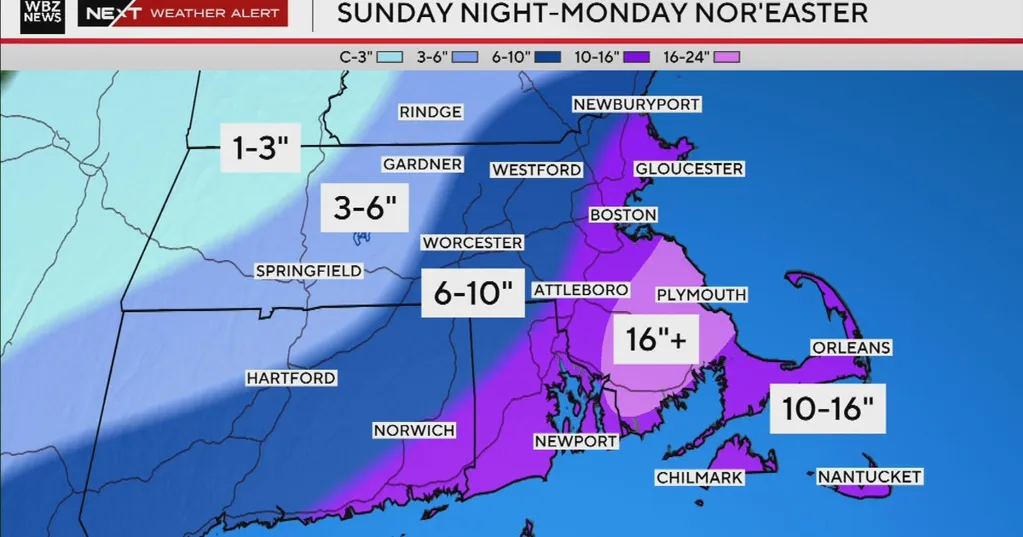 Potential blizzard in Boston could drop a foot of snow or more Monday, weather forecast maps show