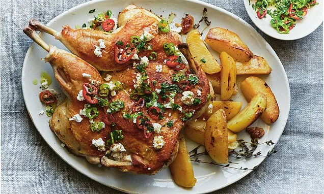 Feta-brined spatchcock chicken is cooked under a weight in this...