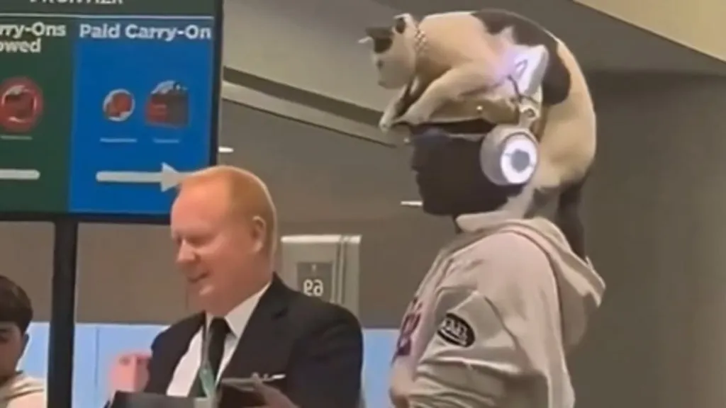 Moment passenger travels through the airport with a cat on his head