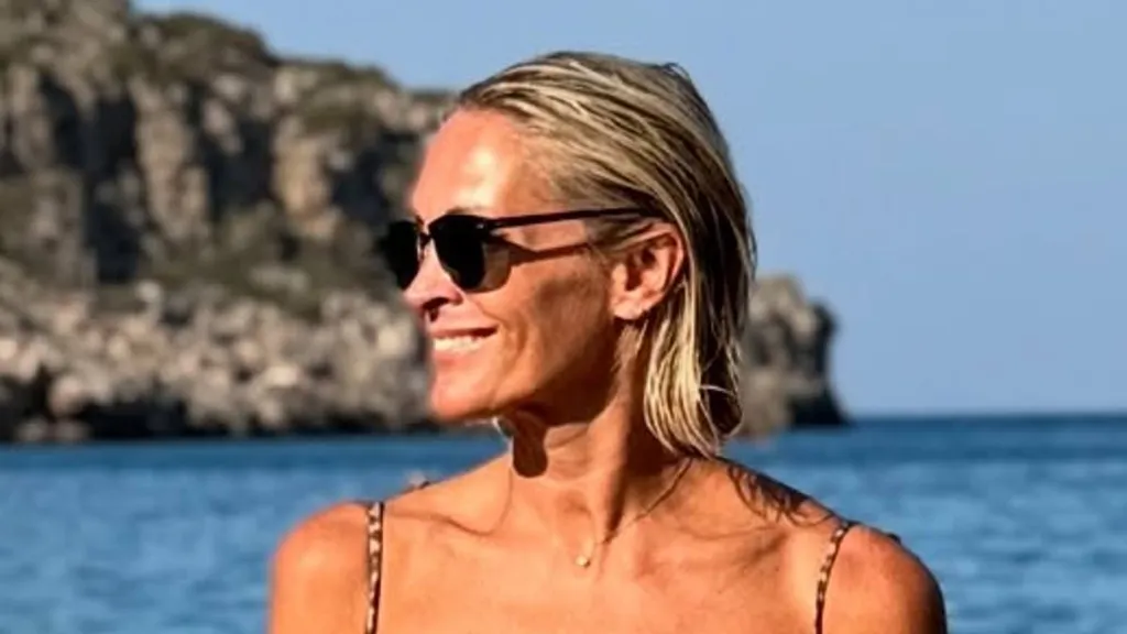 Jenni Falconer displays her physique in a leopard-print bikini