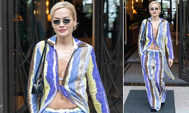 Rita Ora flashes her abs in a bikini top and bold co-ord in London