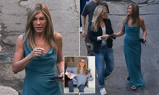 Jennifer Aniston gets glam in a blue gown on The Morning Show set